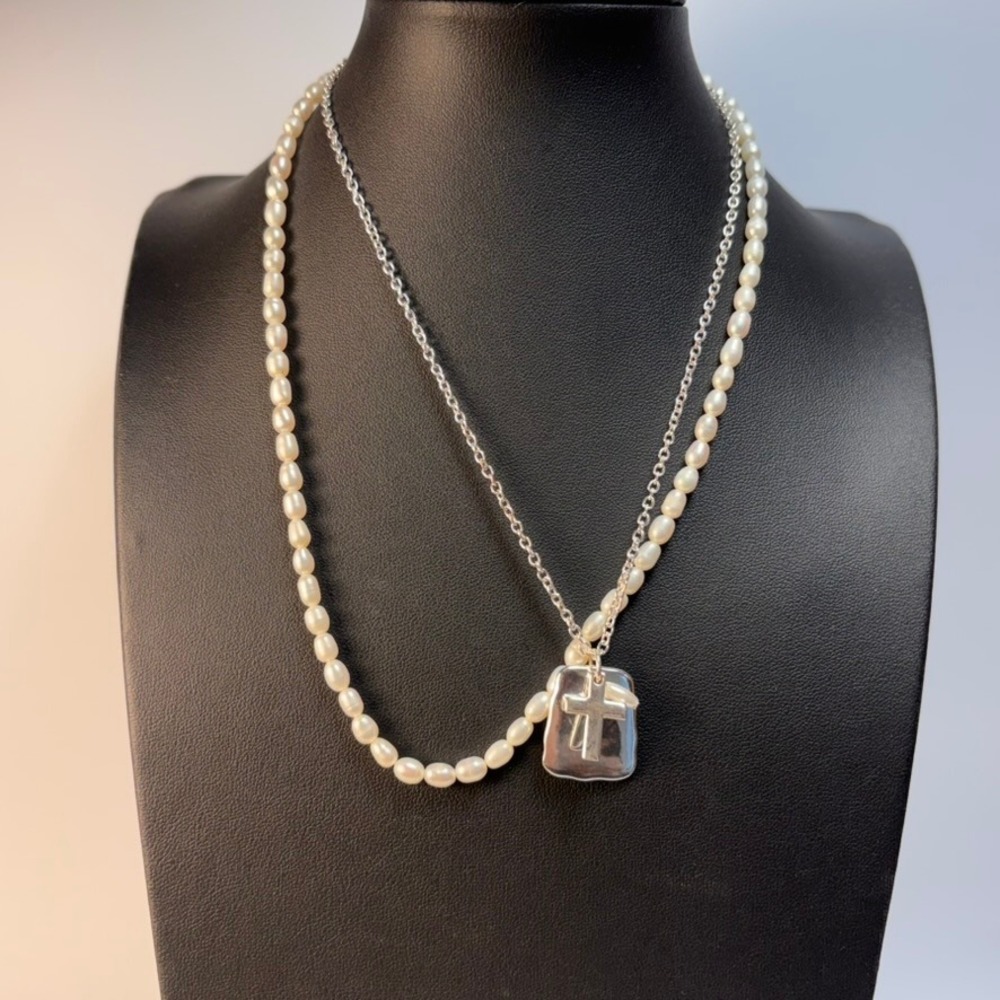 Layered Pearl Cross Necklace Silver White Boho Whimsygoth Statement Jewelry